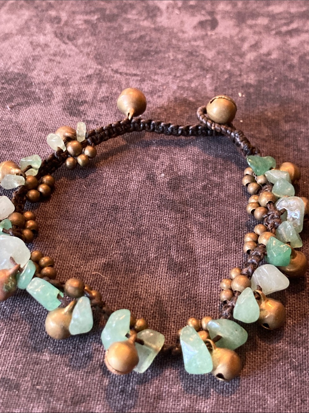 Green Aventurine Beaded Bracelet with Brass Bell Accents